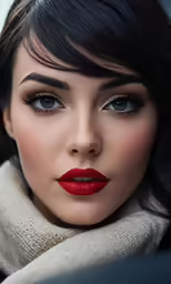 a model with red lipstick is posing