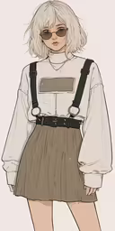 a girl wearing a skirt with suspenders