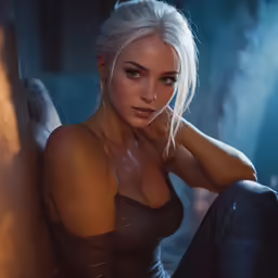 a woman in a bra top sitting near a wall