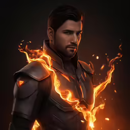 a hero in a suit with a red fire on his chest