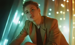 a girl sits down, posing for a photo
