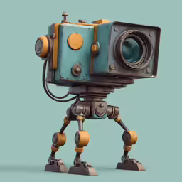 an old camera with a big yellow button on the side