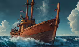 an old ship in rough, blue ocean water,a very large brown and black boat on the water