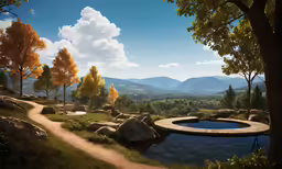 the scenic scenery of a pond near a mountain range