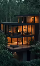 a modern glass house built between two trees