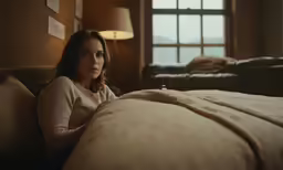 a woman sits in bed looking at something