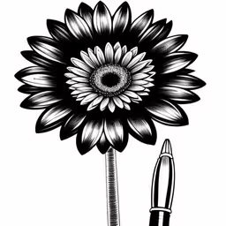 a flower and pen with ink in the background,a drawing of a black and white flower next to a pen