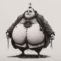 a big fat man standing in the sand with his hands in his pockets