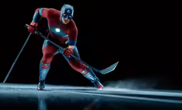 a man with a large helmet holding two skis