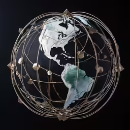 a sculpture of a world surrounded by gold leaves
