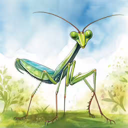 the large grasshopper is looking into the camera,a green praying mantisbee standing in the grass