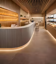 an empty long counter inside of a shop