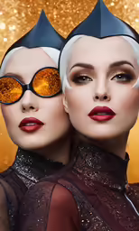 two women with sun glasses are posed for a poster
