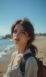 woman with backpack and water on beach by ocean