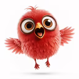 a red fluffy bird with big eyes, wings and eyes on its chest