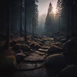 the stairs lead to the forest in a misty fog