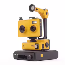 a camera that has some yellow and black equipment