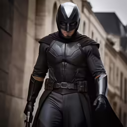 batman in a black costume and helmet walking