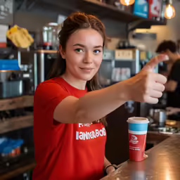a young girl is giving the thumbs up to the camera