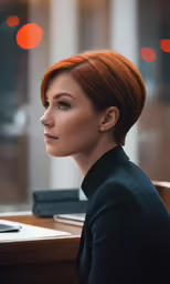 a woman with red hair and a black shirt sits in a chair looking out of window