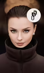 a woman with a white button showing a photo of herself