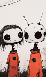 two cute little robot dolls wearing different red dresses