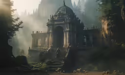 an old gothic castle surrounded by woods in the fog