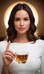 a woman holds her hand up in order to drink tea