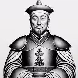 a black and white image of a man in armor