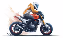 the motorcycle rider is riding a shiny white and orange bike