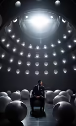 the man sitting on a chair in front of a round light