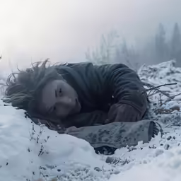 an image of a girl that is laying in the snow