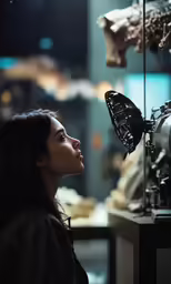 the woman is looking into the machine from behind