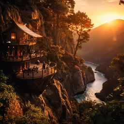 a scenic setting overlooking water below a tree covered cliff
