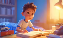 a child is sitting at a desk writing