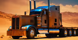 a large truck parked on the side of a dirt road,a large semi truck in the desert