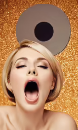 woman yelling while standing against a gold background with a camera over her head