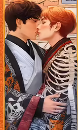 two people with different outfits, one kissing and the other holding another