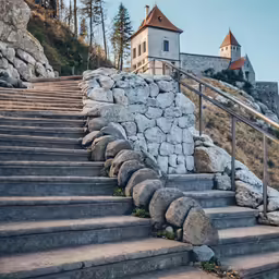 some stone stairs going down to a building