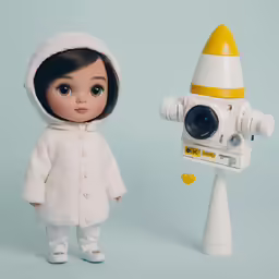 the doll is next to the toy rocket