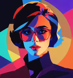 the abstract portrait is painted on a purple background,woman with glasses and red hair wearing glasses and looking up