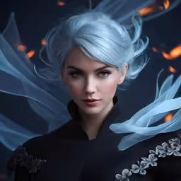 woman with white hair in black gown and artistic lighting