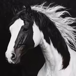 a white and black horse with flowing mane