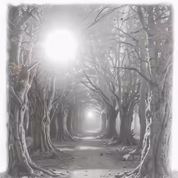 the sun peeking through the trees onto the path