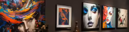 a bunch of art hanging up on a wall