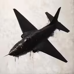 the painting shows a military jet flying through the air