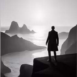 black and white photograph of man in coat looking out at ocean