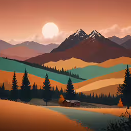 a landscape image of mountains and a house,the painting shows mountains and trees in an orange sunset