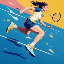 a painting of a woman playing tennis on a colorful background