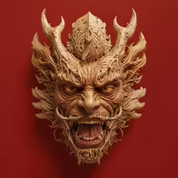 an elaborate mask is shown with a large, evil face